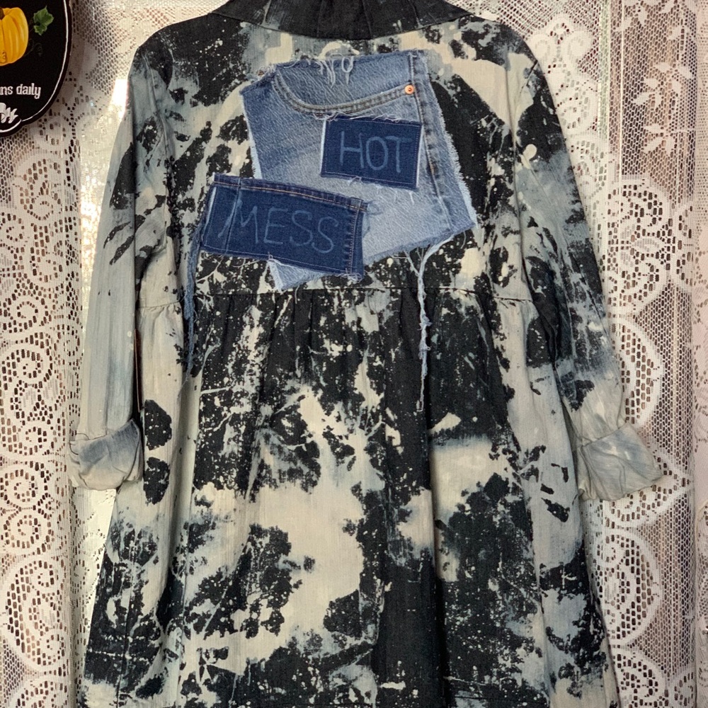 Y2K Vintage UpCycled Denim Hot Mess Gypsy 3/4 Duster Coat Jacket Bling Remade